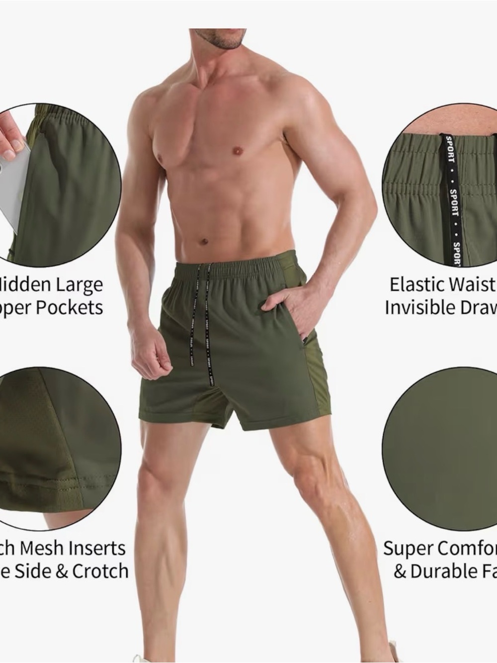2 Pack Men's Olive Green and Black Shorts, Quick Dry, Zipper Pocket